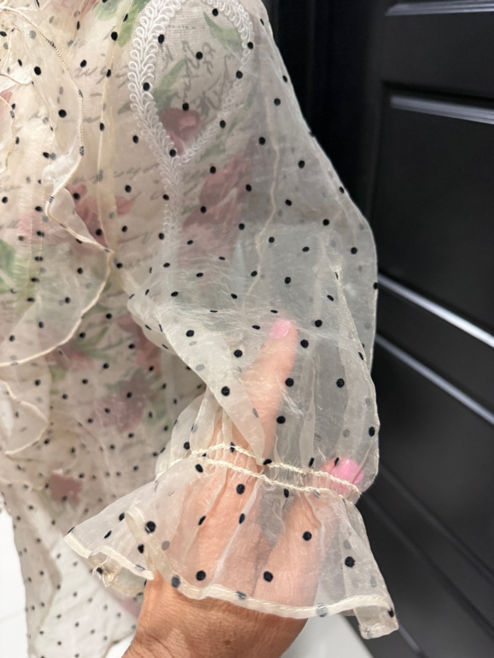 Zara Cream Sheer Polka Dot Blouse with Pink Floral Print - Picture 7 of 11